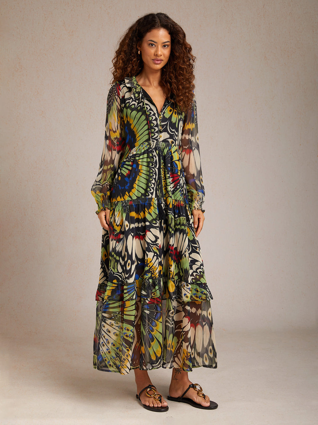 Jungle Butterfly Flowy Chiffon Maxi Dress