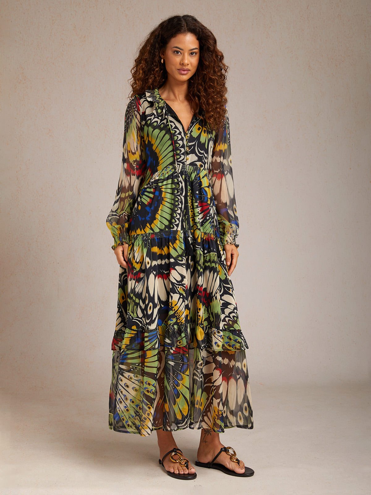 Jungle Butterfly Flowy Chiffon Maxi Dress