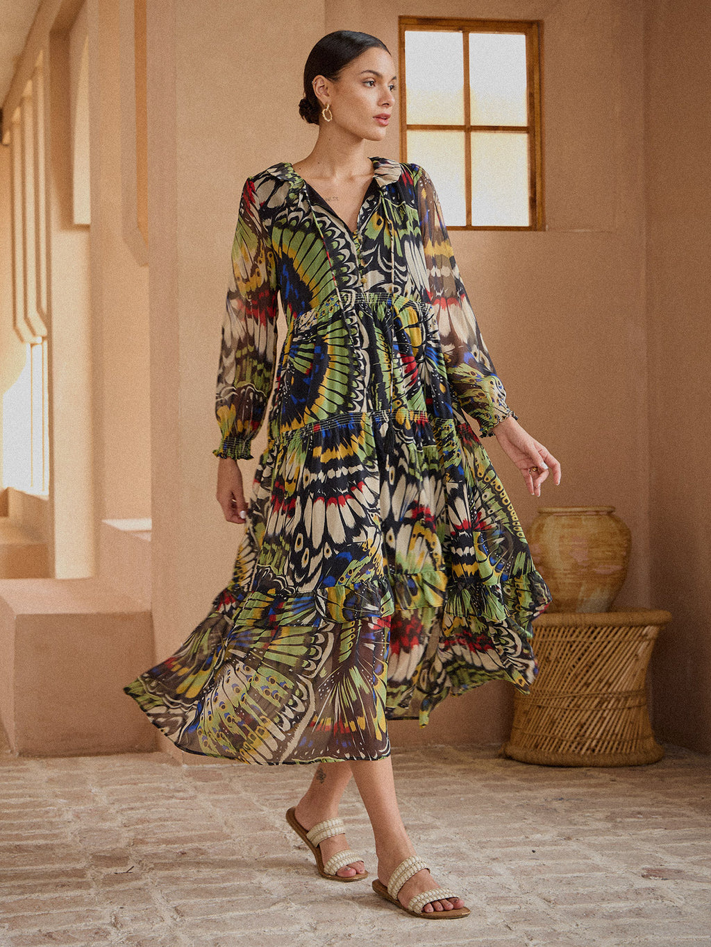 Jungle Butterfly Flowy Chiffon Maxi Dress