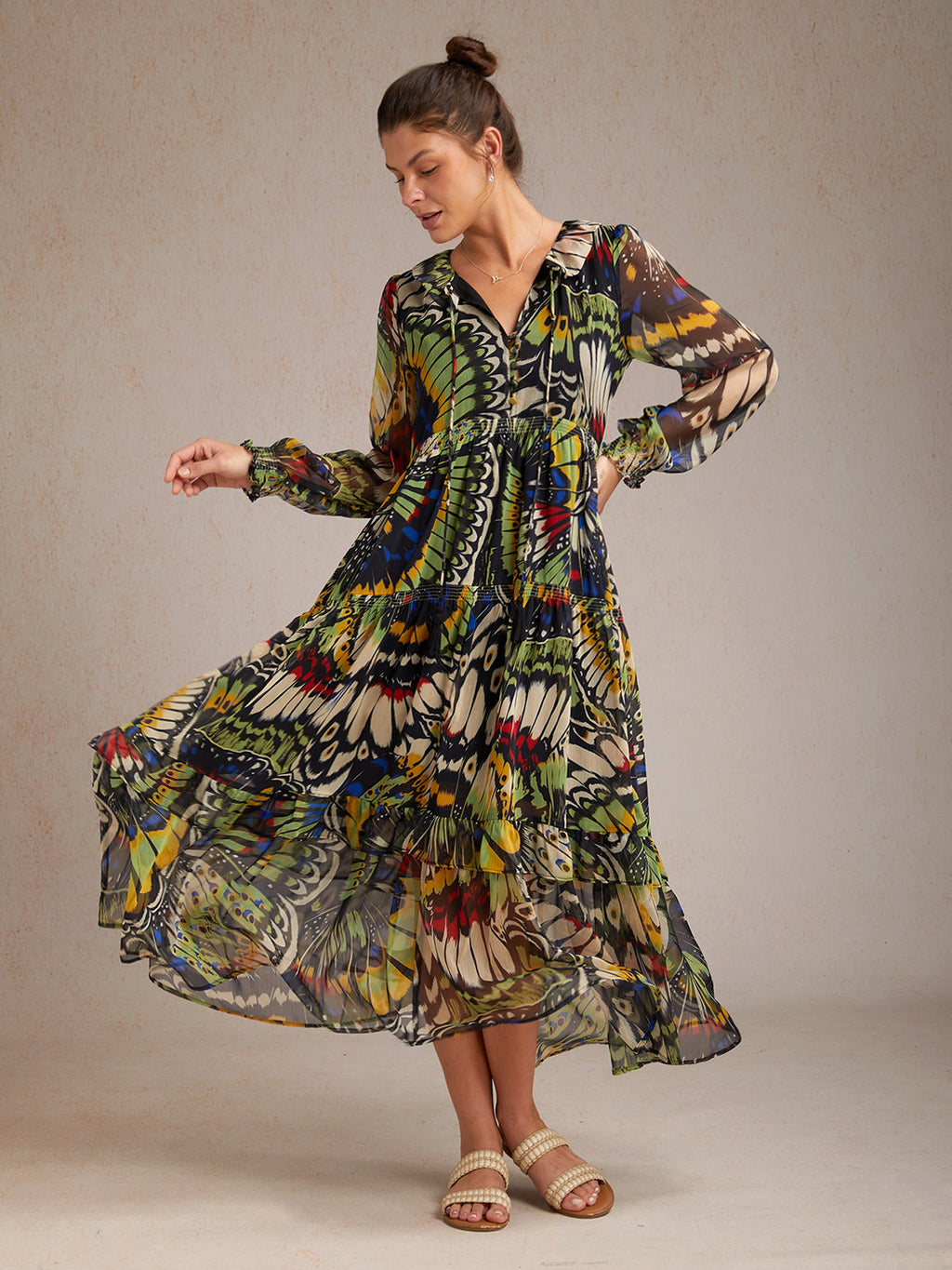 Jungle Butterfly Flowy Chiffon Maxi Dress