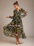 Jungle Butterfly Flowy Chiffon Maxi Dress