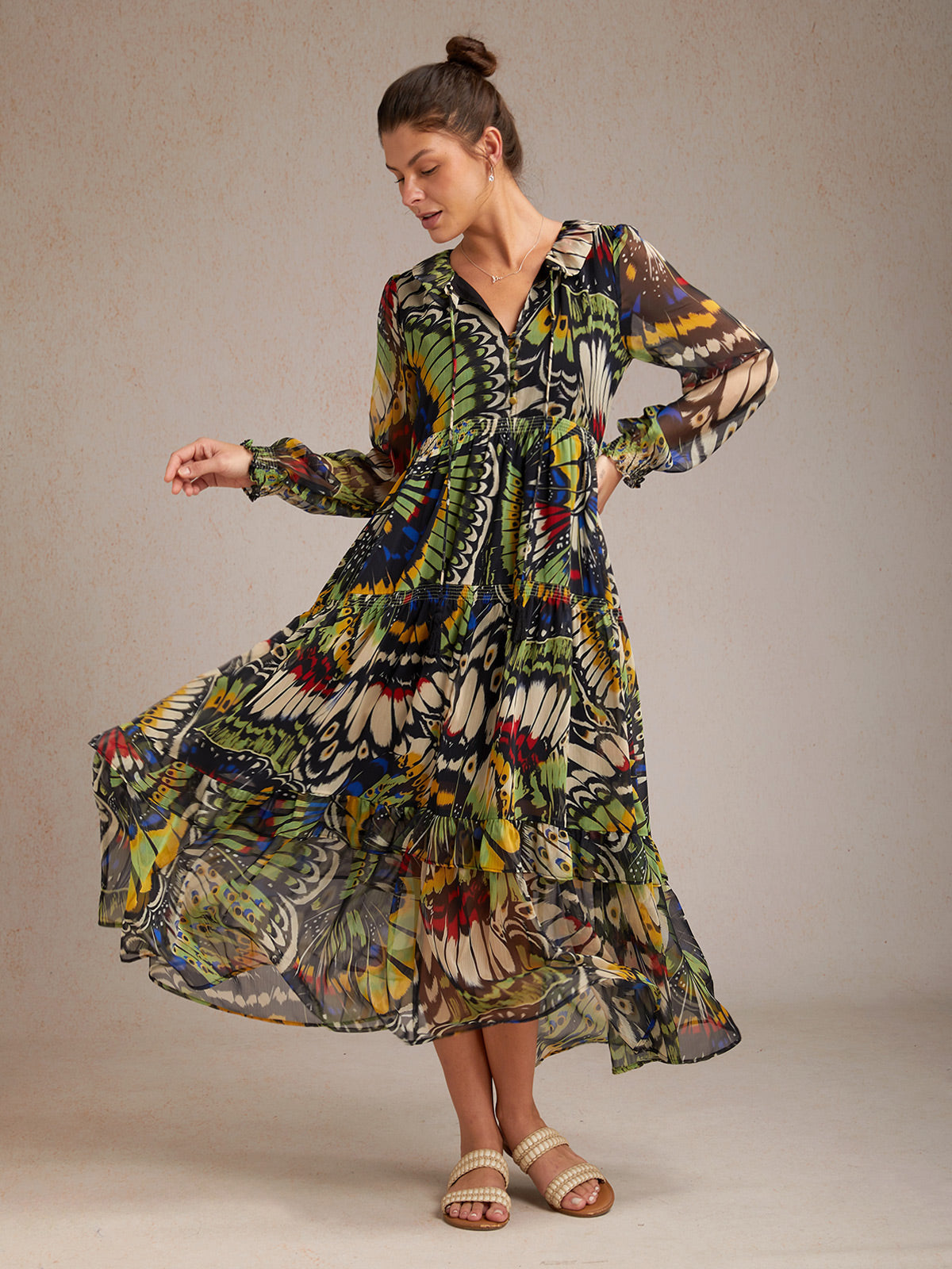 Jungle Butterfly Flowy Chiffon Maxi Dress