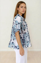 Natalia Blouse - Button Down Mandarin Collar Shirt in Calea Blue Print
