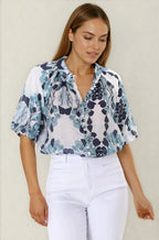Natalia Blouse - Button Down Mandarin Collar Shirt in Calea Blue Print