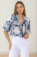Natalia Blouse - Button Down Mandarin Collar Shirt in Calea Blue Print