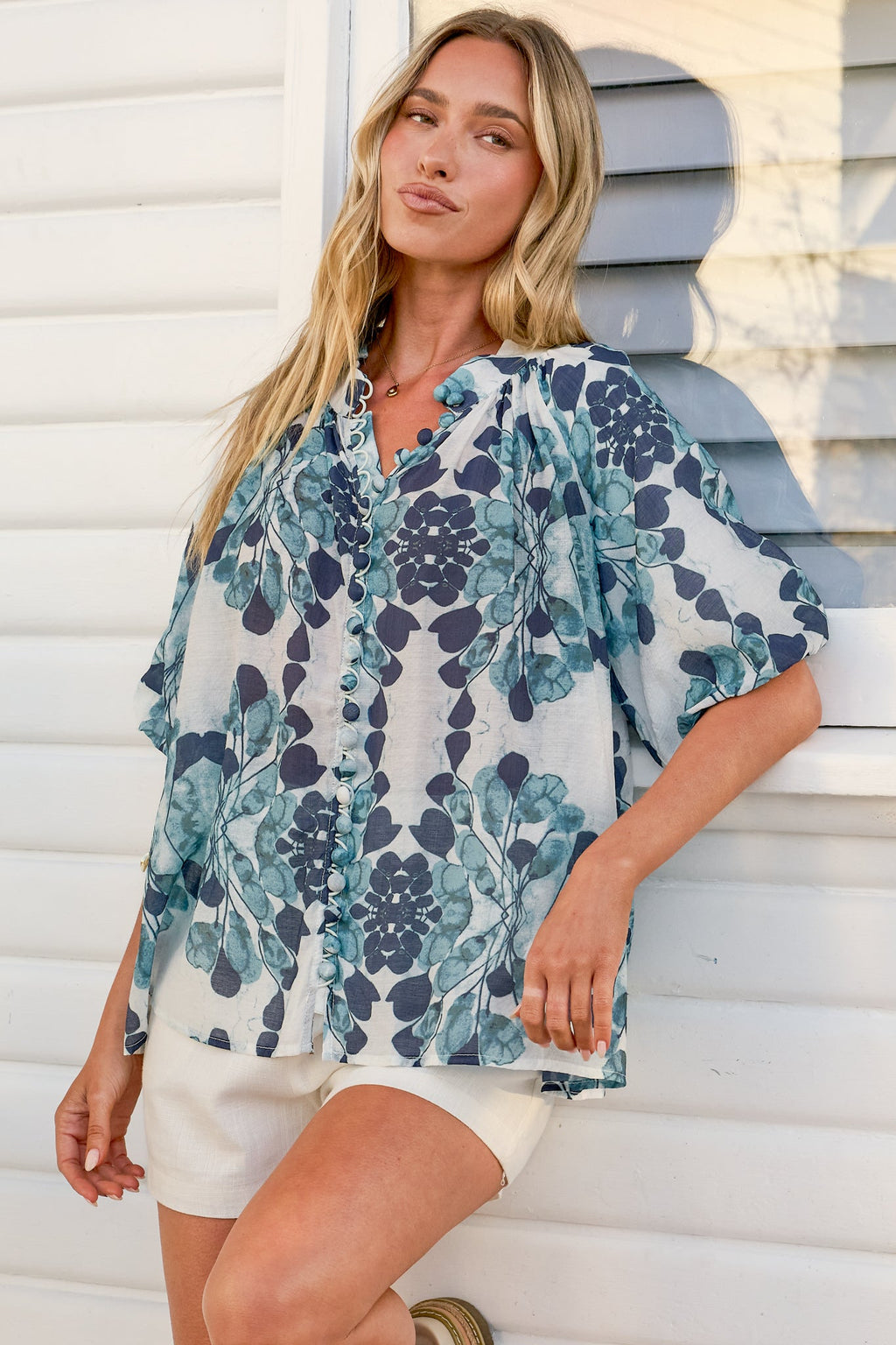 Natalia Blouse - Button Down Mandarin Collar Shirt in Calea Blue Print