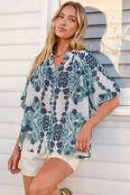 Natalia Blouse - Button Down Mandarin Collar Shirt in Calea Blue Print