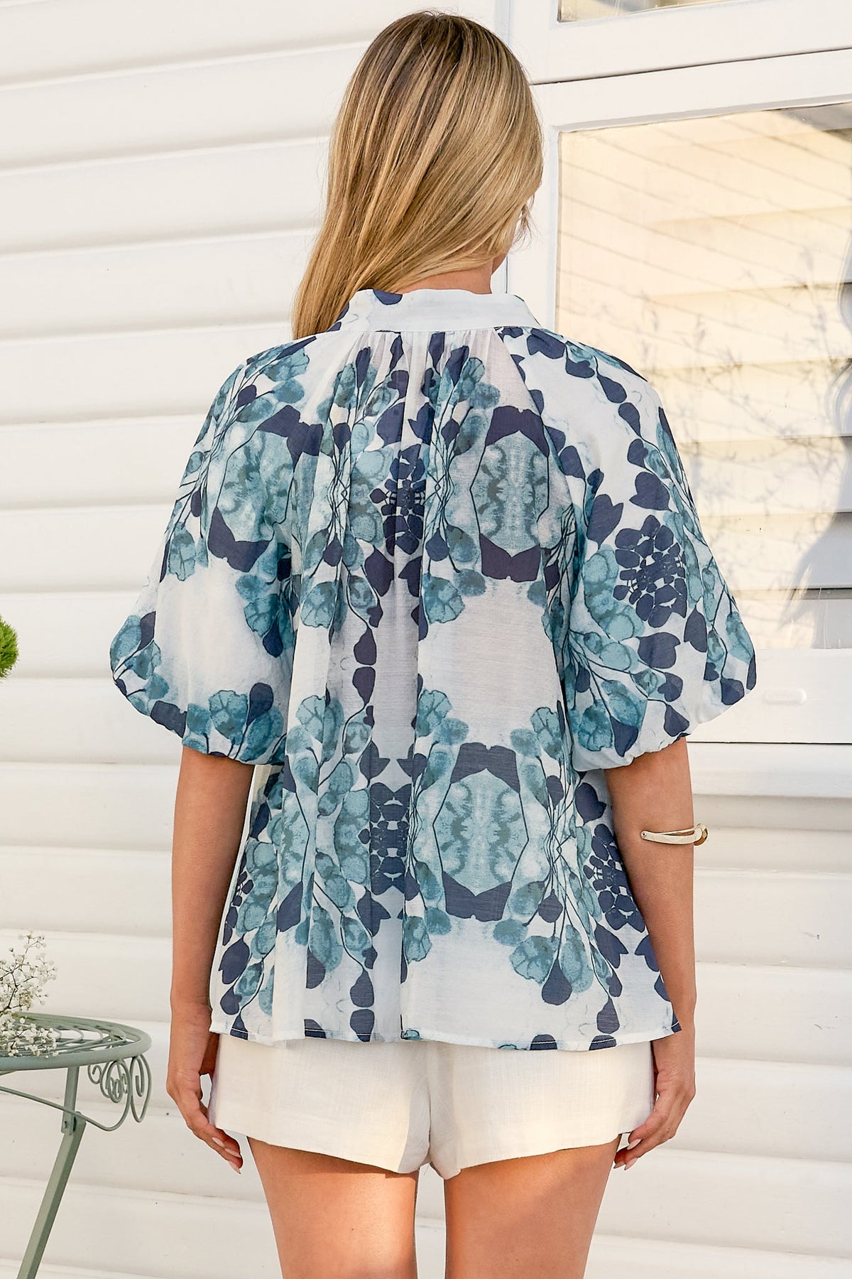 Natalia Blouse - Button Down Mandarin Collar Shirt in Calea Blue Print