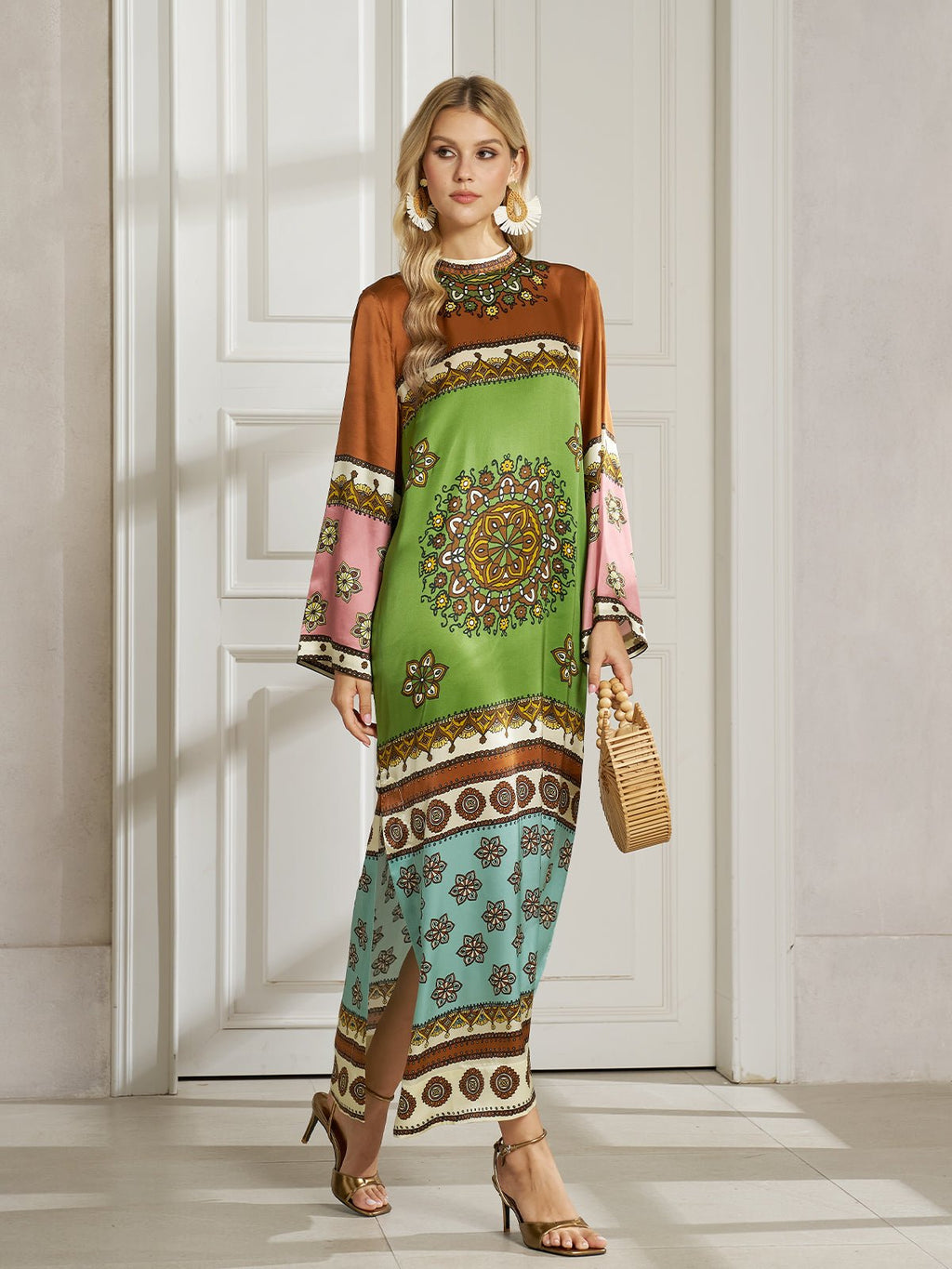 Exotic Placed Print Silk Slit Dress